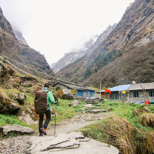 Traveler trekking through mountain village