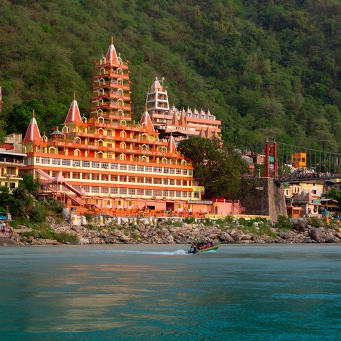 Riverside temple with hills – perfect for travel tour