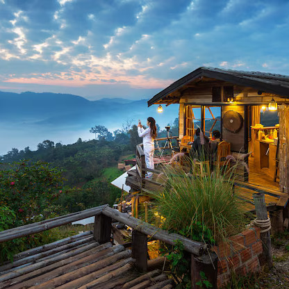 Cabin view of sunrise – cozy mountain tour adventure