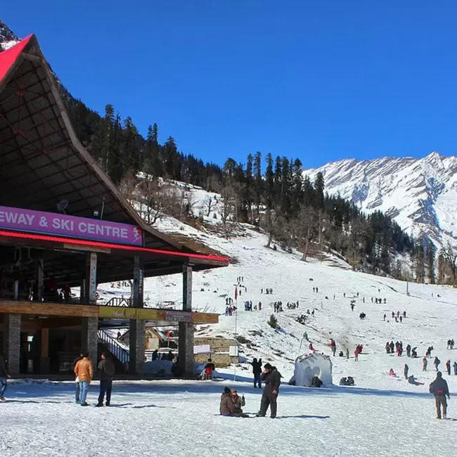 Ski resort with tourists enjoying adventure