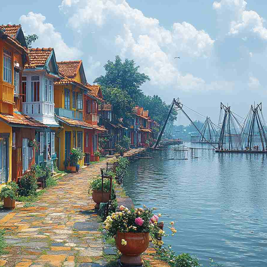 Riverside houses, nets – vibrant travel tour scene