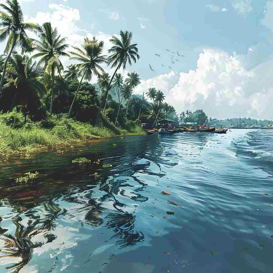 Palm riverside with boats – peaceful travel scene