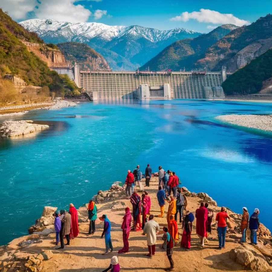Tourists near river and dam – snowy travel view