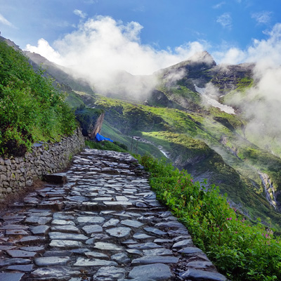 Misty trail through hills – tranquil travel trek